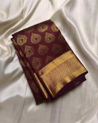 SHREE GHANSHYAM FASHION Self Design, Embellished, Solid/Plain, Woven, Printed Kanjivaram Cotton Silk, Jacquard Saree(Maroon)