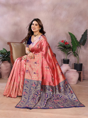 Soor Panchi Embellished Banarasi Cotton Silk Saree(Pink)