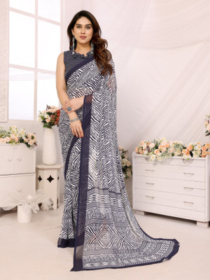 AAI LAXMI CREATION Digital Print, Printed Daily Wear Georgette Saree(Dark Blue, White)