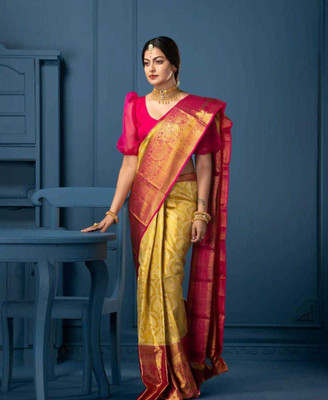 Anjaneya Sarees Self Design Kanjivaram Silk Blend Saree(Yellow)