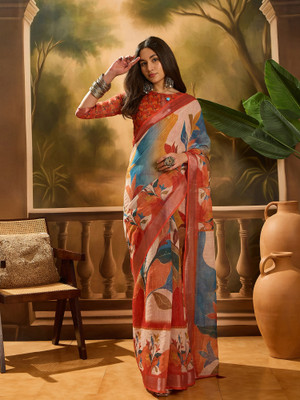Sangria Printed Saree with Attached Blouse Cotton Blend Saree(Multicolor)