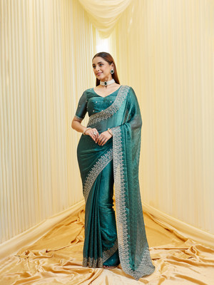 KASEE Embroidered Bollywood Silk Blend Saree(Green)