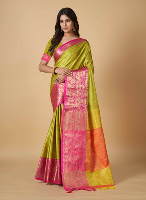 worvox Self Design, Embellished Kanjivaram Cotton Silk Saree(Light Green)