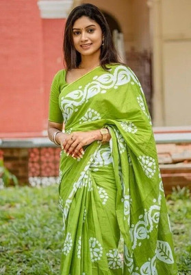 Alexa Fashion Floral Print Daily Wear Cotton Blend Saree(Green)