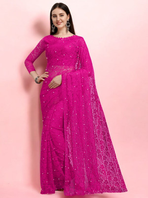 NORAFLEX Embroidered Bollywood Net Saree(Pink)
