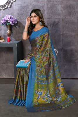 Kjs Digital Print Mysore Chiffon Saree(Multicolor)