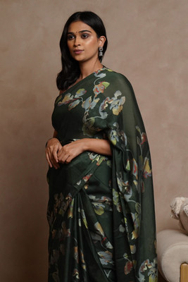 MIRCHI FASHION Printed, Floral Print Daily Wear Chiffon, Georgette Saree(Dark Green)