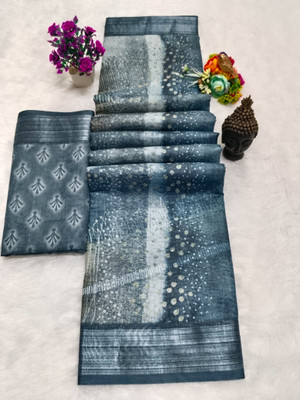 Mervadiya Printed Kanjivaram Pure Cotton, Cotton Linen Saree(Grey)