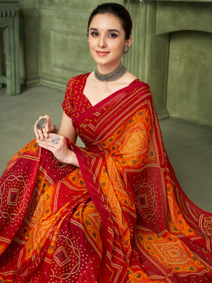 Sareemall Printed Bandhani Chiffon Saree(Red)