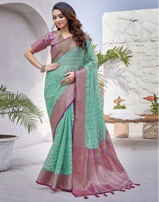 Satrani Woven, Self Design Banarasi Organza Saree(Blue, Pink, Multicolor)