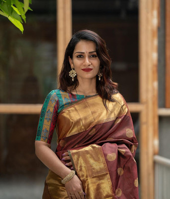 CENTURY CREATION Self Design Banarasi Jacquard Saree(Brown)