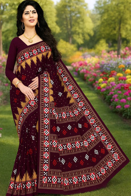 Tareninx Printed, Geometric Print, Floral Print, Temple Border Daily Wear Pure Cotton Saree(Maroon)