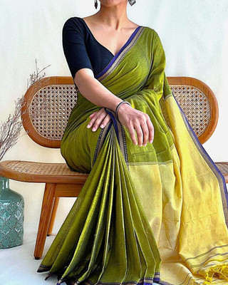 SAPTAK FASHION Woven Handloom Cotton Blend Saree(Light Green, Yellow)