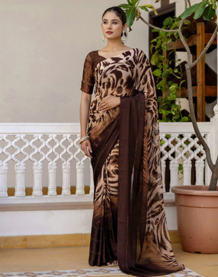 Samah Digital Print, Printed, Embellished Bollywood Georgette Saree(Brown)