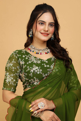 KONICA FAB Solid/Plain Bollywood Georgette Saree(Green)