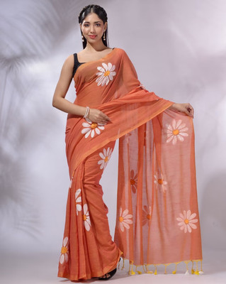 Aika Floral Print Daily Wear Linen Saree(Orange)