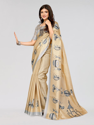 Nirvaan Printed Mysore Art Silk Saree(Brown)