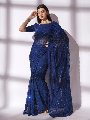 Bluebirdimpex Embellished Bollywood Georgette Saree(Blue)