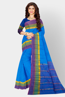 Naarinsari Solid/Plain, Woven Kanjivaram Pure Silk Saree(Yellow, Blue)