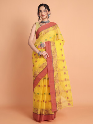 TANTLOOM Printed Tant Handloom Pure Cotton Saree(Yellow)