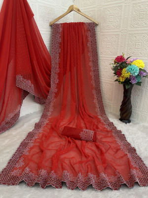 VEERAIVA Embellished Bollywood Chiffon Saree(Red)