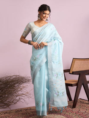 Sareemall Printed Tant Linen Saree(Light Blue)