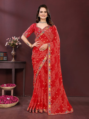 sareya veela Printed Bandhani Georgette Saree(Orange)