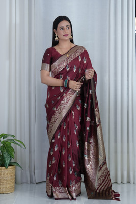 Pandadi Saree Printed Banarasi Cotton Silk Saree(Maroon)
