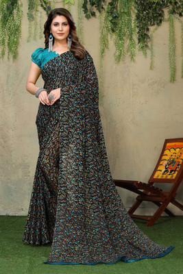 YASHIKA Floral Print Daily Wear Georgette Saree(Dark Green)