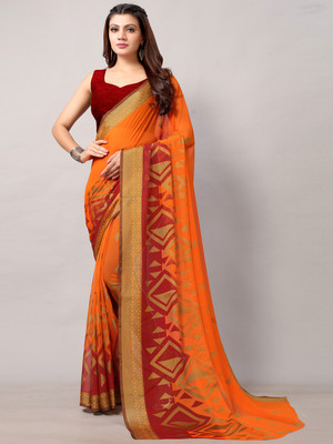 Saanjh Self Design Saree with Attached Blouse Silk Blend Saree(Orange)