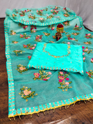 KHRITI FAB Embroidered, Floral Print Bollywood Net Saree(Light Blue)