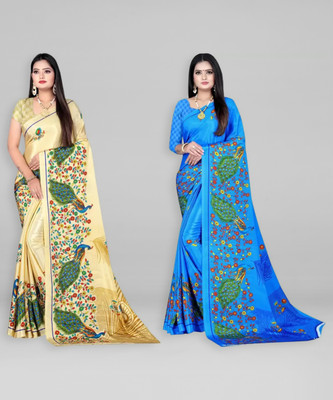 Leelavati Printed Bollywood Crepe Saree(Pack of 2, Gold, Blue)