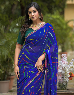 Samah Printed Bandhani Georgette, Chiffon Saree(Blue)