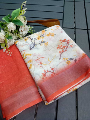 HouseOfCommon Printed Kanjivaram Linen, Cotton Linen Saree(Orange)