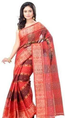 Sthaker Self Design Tant Cotton Blend Saree(Red)
