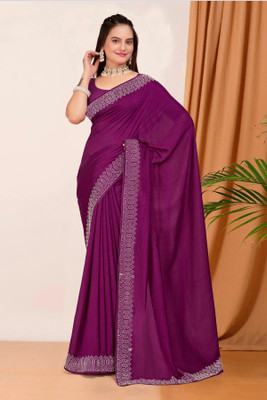 riyanshi fashion Self Design, Solid/Plain, Embellished Bollywood Pure Silk Saree(Purple)