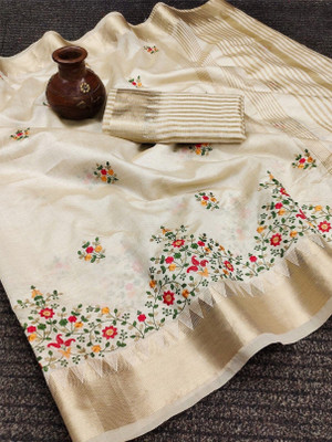 Divastri Embroidered Chanderi Jacquard, Cotton Silk Saree(Cream)