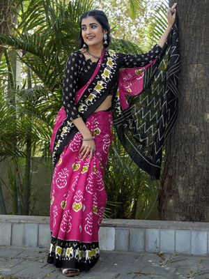 Sareemall Printed Ikkat Pure Cotton Saree(Pink)