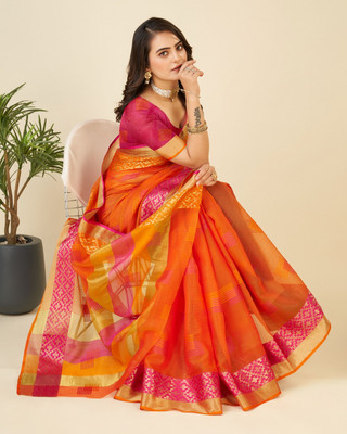 JIADIA Woven Kota Doria Cotton Silk Saree(Orange)