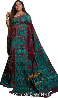 M STORE Woven Jamdani Cotton Silk Saree(Maroon, Blue)