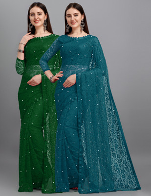 LOROFY Self Design Bollywood Net Saree(Pack of 2, Multicolor)