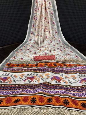 Kjs Printed Bhagalpuri Cotton Blend Saree(Multicolor)
