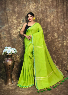 SRINJAN FASHION Striped Daily Wear Handloom Cotton Blend Saree(Green)