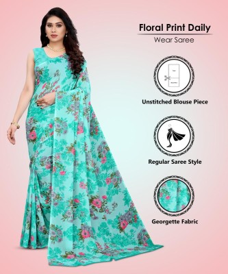 Vichitra Floral Print, Geometric Print Bollywood Georgette Saree(Blue)