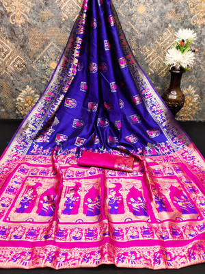 VERCO Woven Baluchari Silk Blend Saree(Blue)