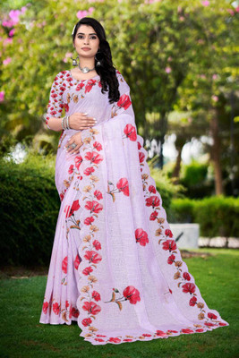 parakhiya fab Digital Print Handloom Cotton Linen Saree(Pink)