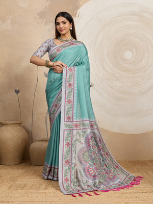 DRAVYA WOMEN Woven Madhubani Jacquard, Silk Blend Saree(Light Green)