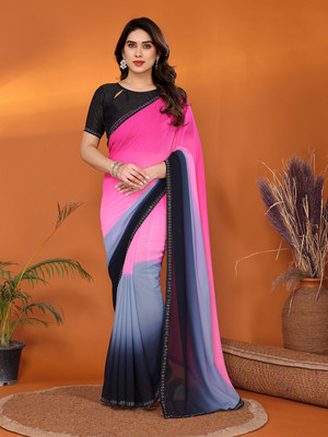 kashvi sarees Embellished, Ombre, Solid/Plain, Self Design Bollywood Georgette Saree(Grey, Black, Pink)