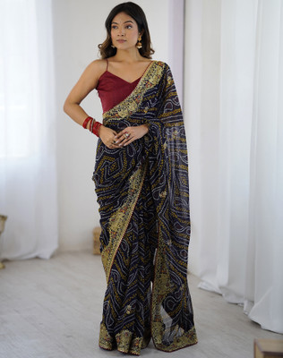SIRIL Printed, Embroidered Bandhani Georgette Saree(Dark Blue)