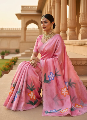Sareez House Blocked Printed Bollywood Jimmy choo Saree(Pink)